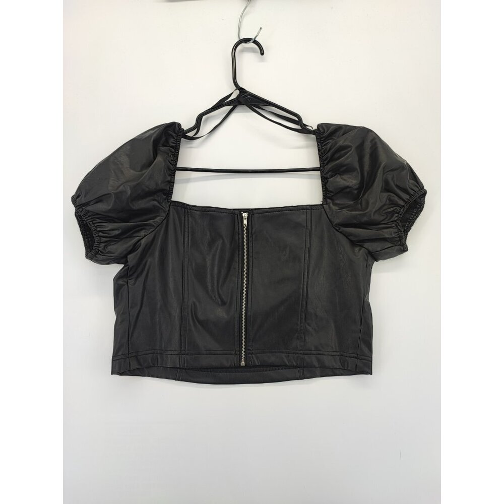 7 For All Mankind Women's Black Faux Leather Puff Sleeves Crop Top Size L - Picture 2 of 8